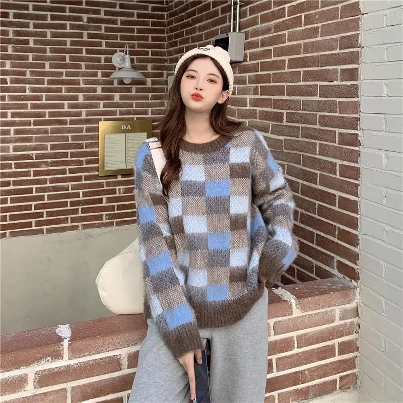 

Winter Thick New Arrivals Loose Multicolor Lattice Round Collar Knitting Womens Sweater Long Sleeve Pullovers Female Coat