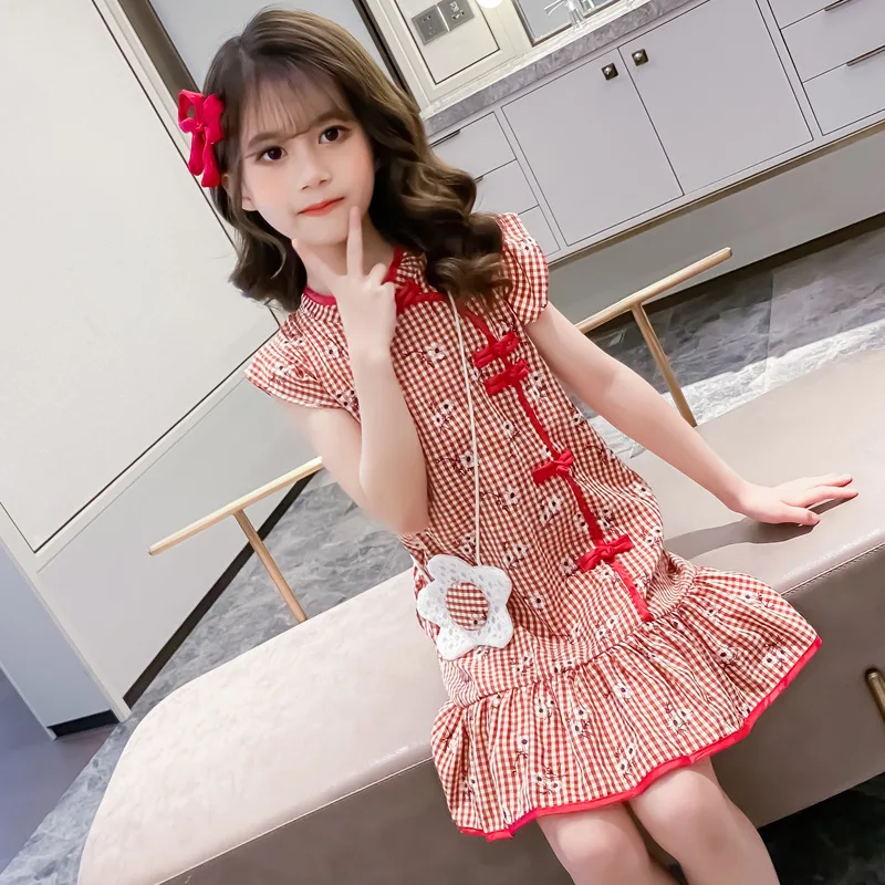 

Kid Clothes Girls Dress Fashion Flare Sleeve Costumes Button Chinese Style Hanfu National Casual Cheongsam Dresses Girl 3-10 Y