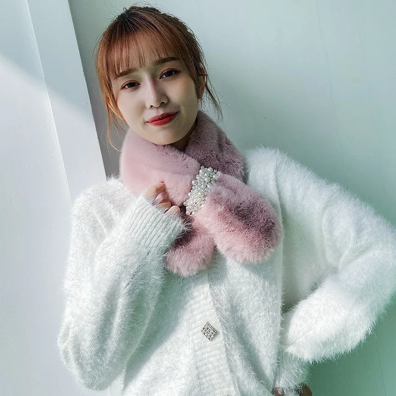 

2021 New Style Scarf Girl Winter Lovely Girl Plush Pearl Scarf Winter Imitation Fur Thickening Students Cross Solid Scarf