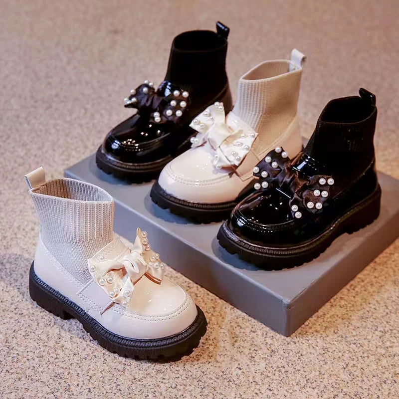 

Модные Детские Ботинки Martin на осень и зиму, обувь для девочек с силиконовой нескользящей подошвой, детские короткие ботинки, вязаные ботинк...