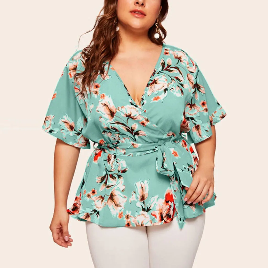

Plus Size Women Blouse Shirt 2020 Fashion V Neck Short Sleeve Floral Print Casual Blouse Belted Ladies Tunic Tops