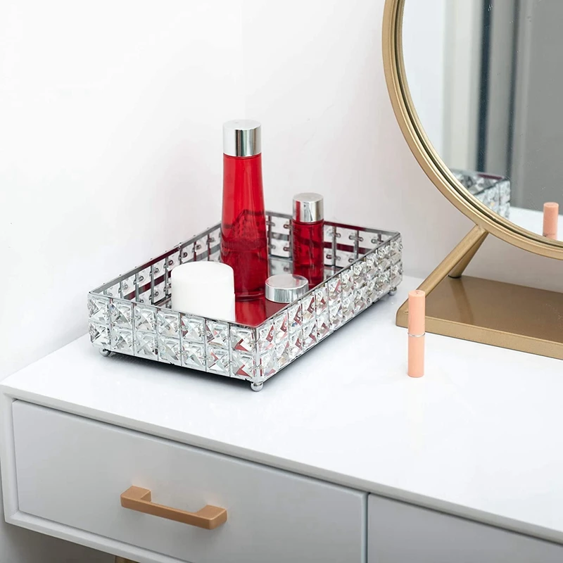 

Mirror Surface Crystal Vanity Makeup Tray (Silver) with Birthday Girl Sash & Rhinestone Tiara Kit 2 Sets