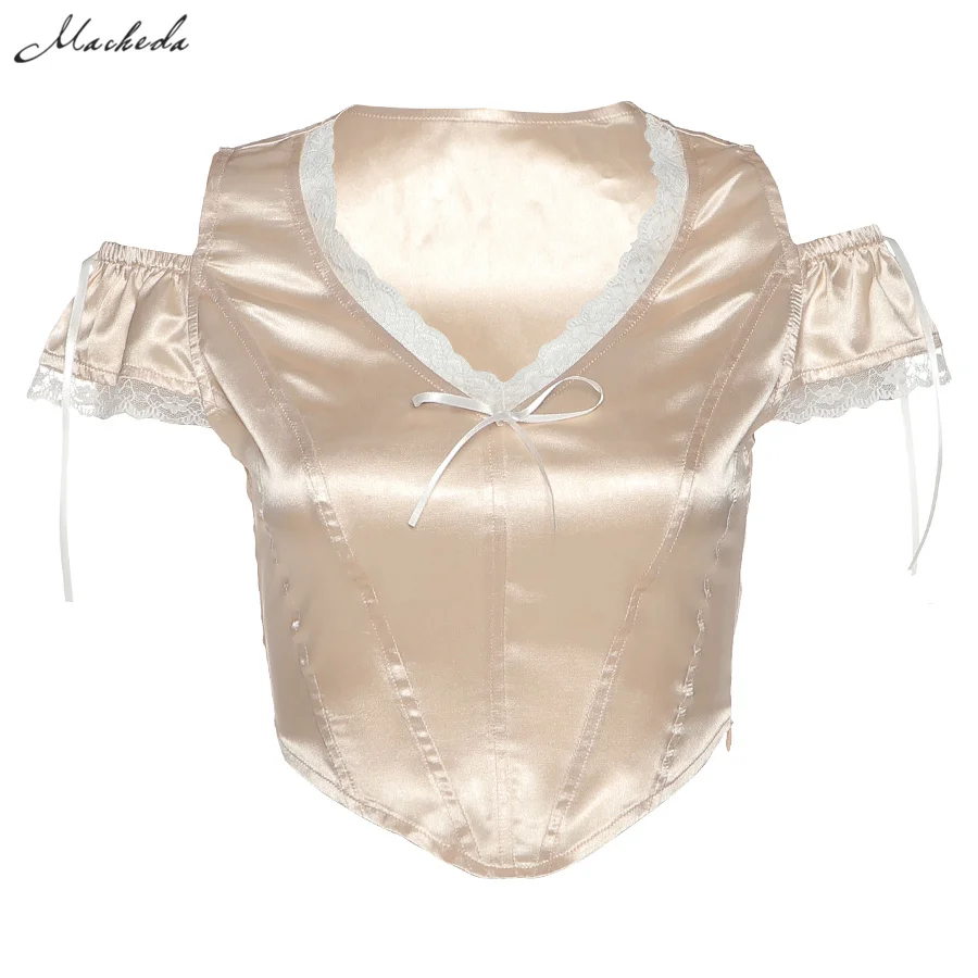 

Fashion Lace Patchwork Slim T Shirt Women Sexy V Neck Short Sleeve Bow Clothing Y2K Lady Street Short Top 2021 New