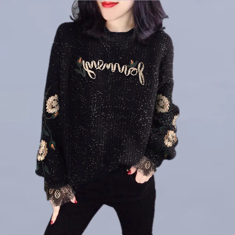 

Spring/Autumn Woman Sweaters Leisure Black Letter Lace Embroidered Tops Newest Loose Thick Knitting Clothes Casual Pullover Tops