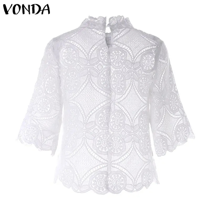 Женская богемная белая блузка размера плюс, VONDA, элегантная Кружевная блуза с круглым вырезом и коротким рукавом, Повседневная Свободная блуза 5XL