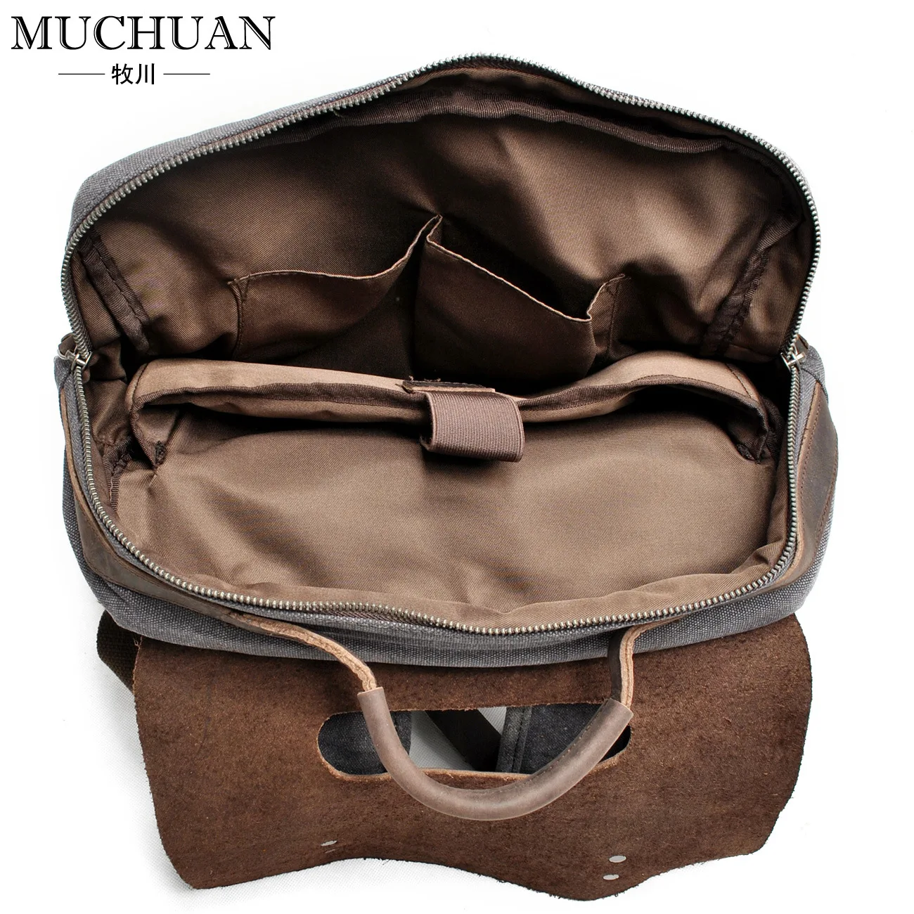 

Retro canvas backpack with first layer cowhide leather school bag outdoor computer business bag