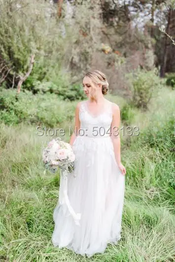 Boho V шеи Тюль Свадебные платья с поясом 2020 простой линии Кружева аппликации