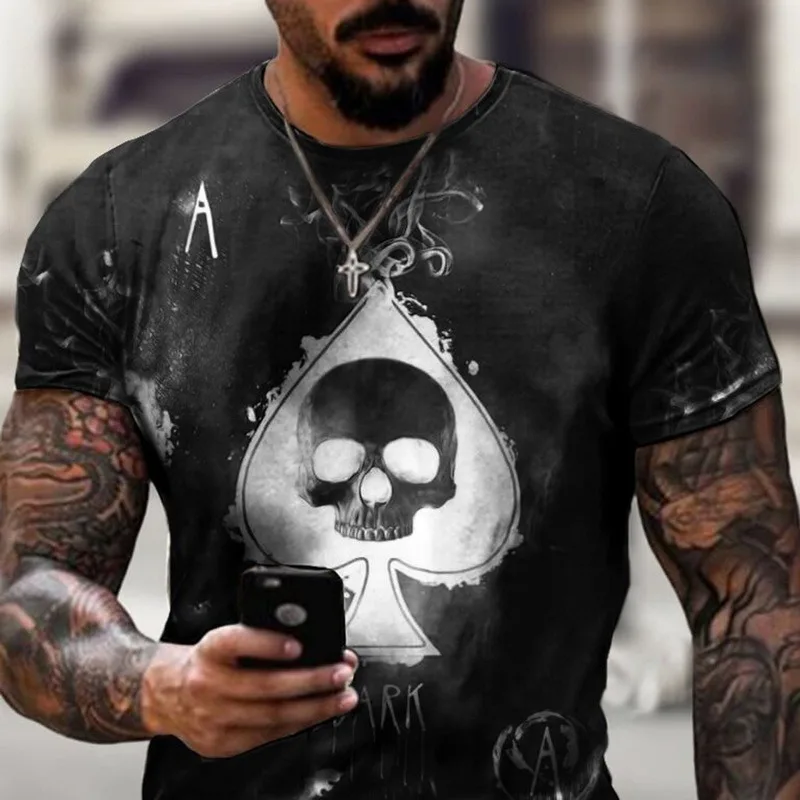 

Tshirt Men Skeleton T-shirt 2021 Punk Rock Tshirt Print tshirt Vintage Play Card Men Clothing Summer High-Quality black tops