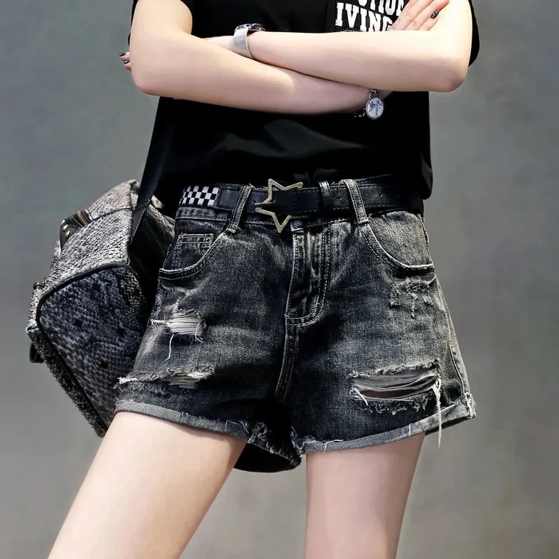 

Plus Size Denim Shorts Women's High Waist Summer Thin Jeans 2021 Korean Loose Holes Hot Pants Ins Tide Jean Femme Smoky Gray
