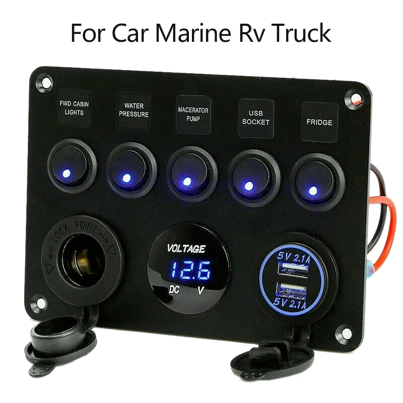 

5 Gang Car Marine Boat LED Rocker Switch Panel Waterproof Circuit Digital Voltmeter Dual USB Port 12V Outlet for Car Marine Rv