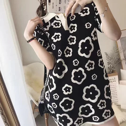 

Knitted ice silk dress women's 2020 summer new mini fresh French super fairy polo collar mid length skirt