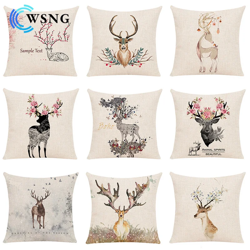 

Linen Painted Milu Deer Pattern Print Pillow Sofa Cushion Home Living Room Bedroom Decorative Pillowcase