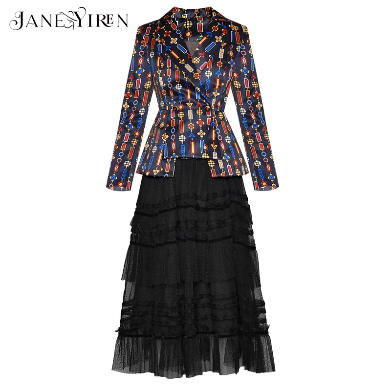 Janeyiren Fashion Designer Suit Autumn Winter Women Long sleeve Stripe Print Suit Tops+Mesh Skirt Two-piece set