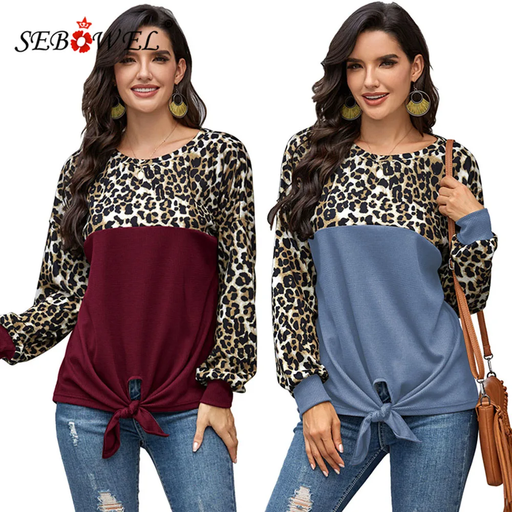 

SEBOWEL 2020 Women's New Fashion Patchwork Long Sleeve T-shirts Top Female Spring Autumn Leopard Print Knotted T-shirt S-XL