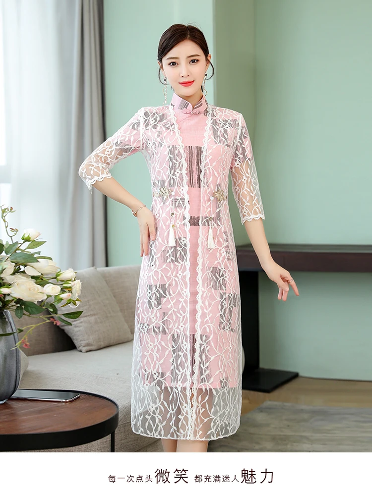 Улучшенное розовое хлопковое и льняное платье cheongsam Новая мода ретро элегантное тонкое платье в китайском стиле