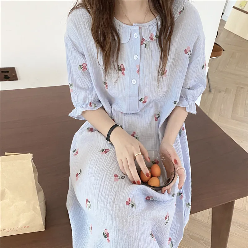 

Alien Kitty 2021 Summer Dress Long Embroidery Pajamas Sweet Nightdress Printing Chic Casual Homewear Loose Two Piece Suit Sets