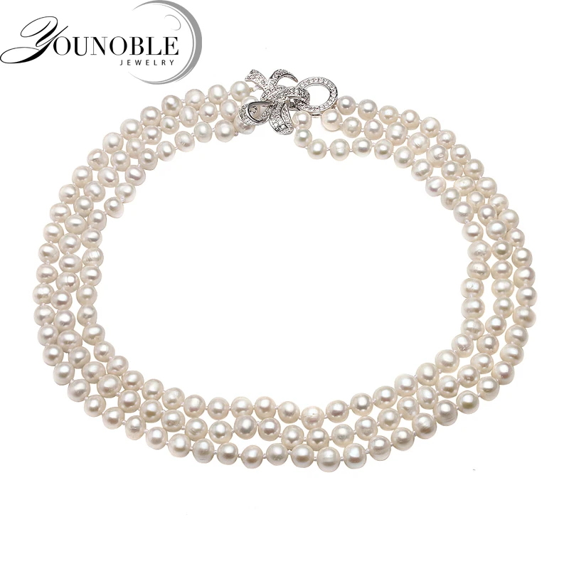 Купи Real Natural Freshwater Round Pearl Necklace Women, White Beautiful Choker 3 Multi Layered Necklace за 1,926 рублей в магазине AliExpress