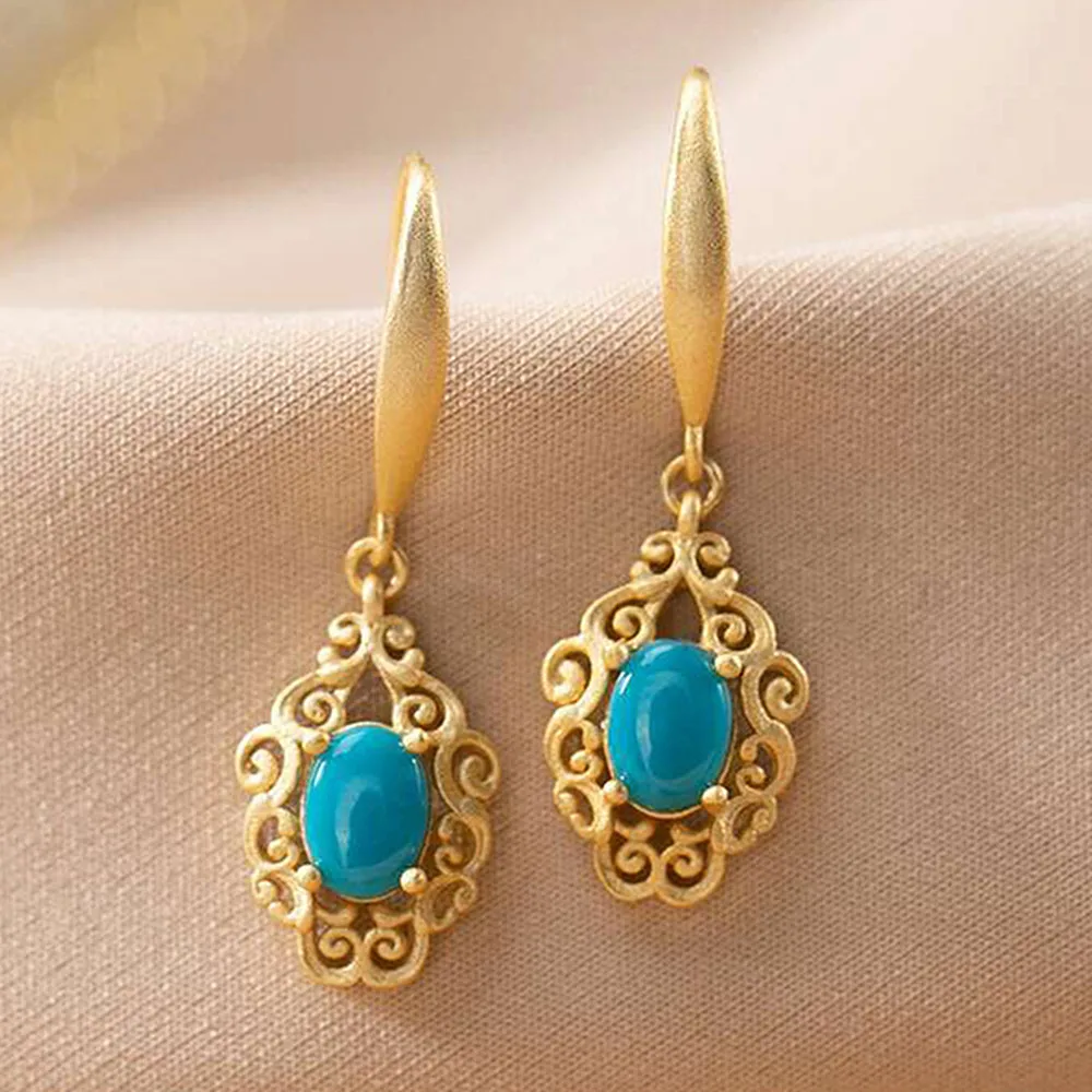 

Женские серьги-подвески с бирюзой, Винтажные серьги золотого цвета с гравировкой в виде цветка, ювелирные украшения, подарочные аксессуары,...