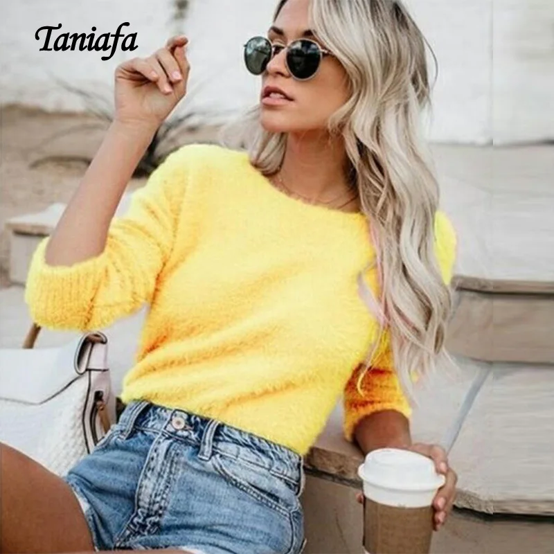 Taniafa Women Tops Mohair Blend Fuzzy Blouse Pullover Jumper Sweater Knitwear | Женская одежда