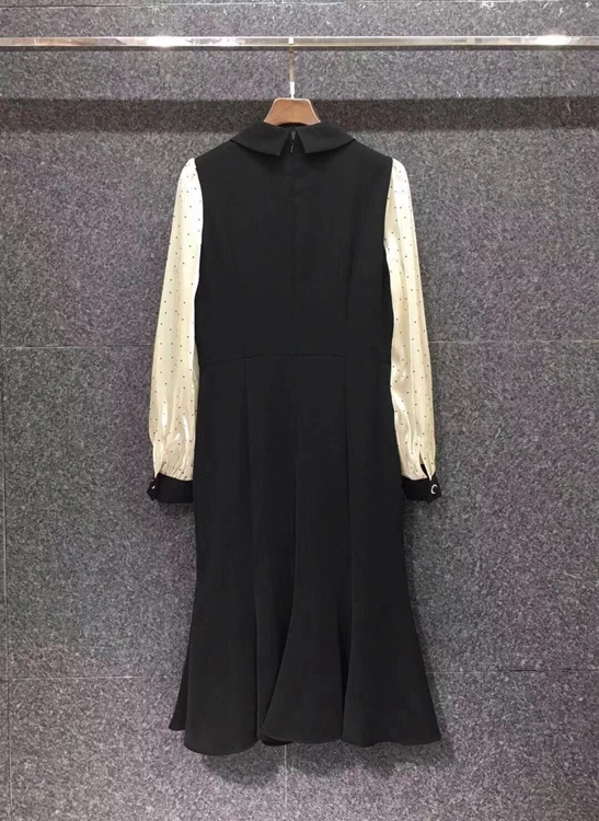

2020 autumn and winter new women's lapel sleeves color matching stitching decoration long sleeve polka dot dress 1217