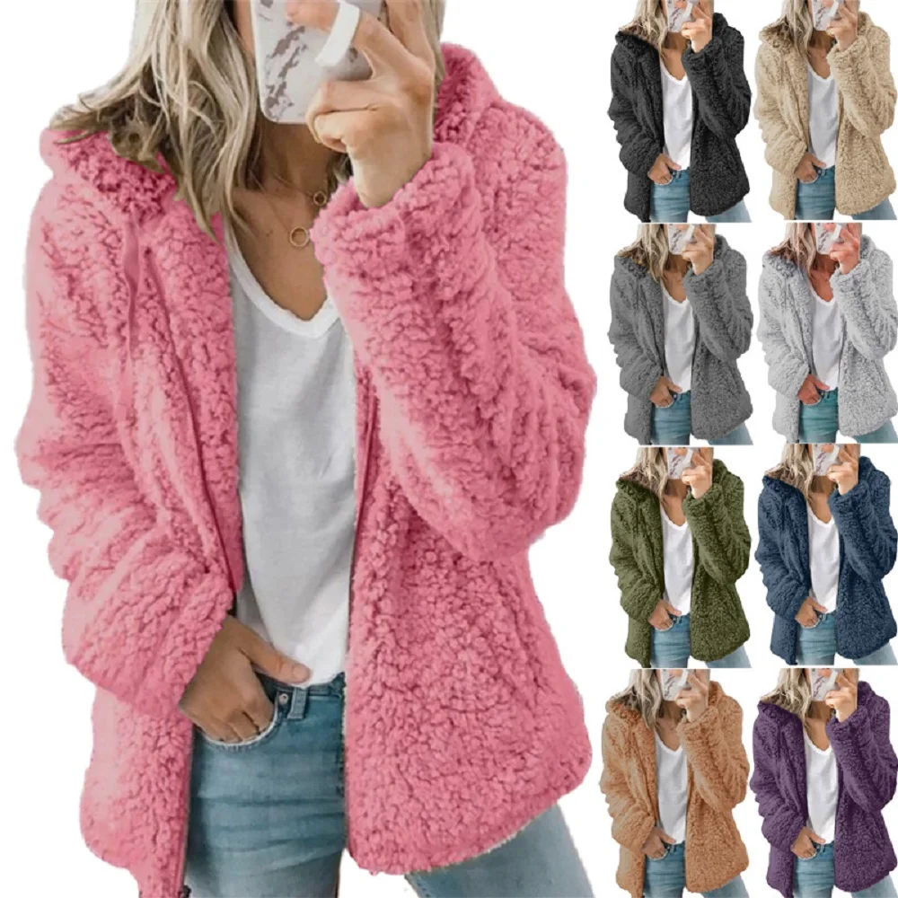 

9 Colors Winter Women Jacket Vogue Zip-up Solid Fleece Hooded Jacket Loose Long Sleeve Plus Size Women Top Hoody Coats