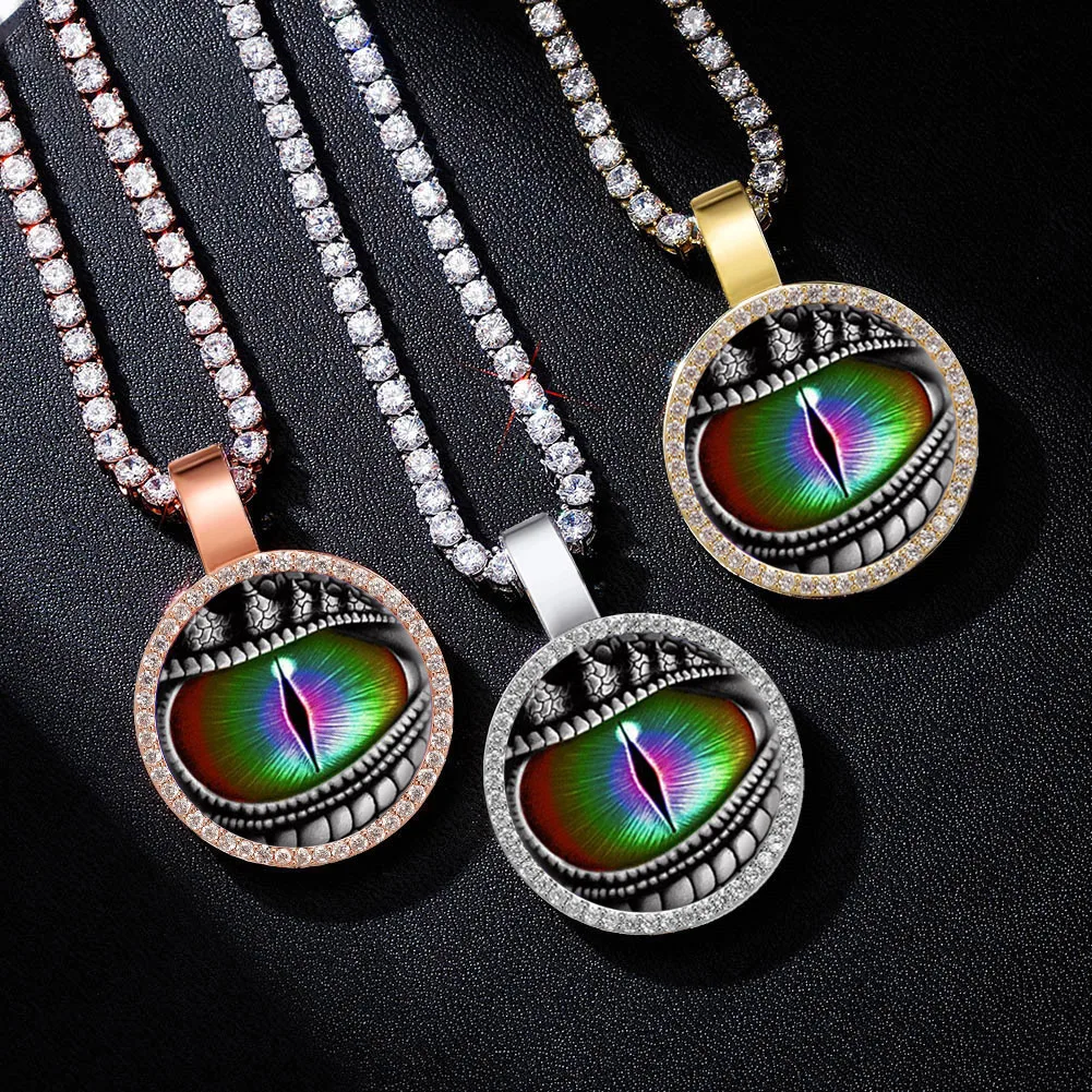 

Fashion Dragon Eye Photo Roundness Solid Back Pendant & Necklace With Tennis Chain Cubic Zircon Women Men Hip hop Jewelry