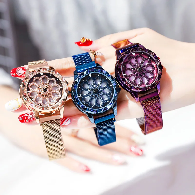 

Hot Women 360 Degree Rotation Watches Luxury Gold Diamond Magnet Starry Sky Ladies Watch Fashion Geometric Quartz Wrist Watch