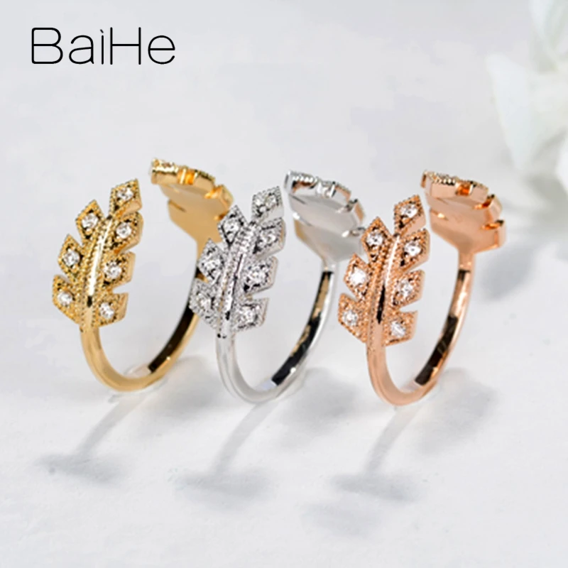BAIHE Твердое 14 к желтое золото 0.15ct H/SI круглые натуральные бриллианты обручальное женское ювелирное красивое перьевое кольцо