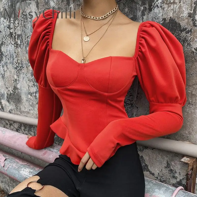 MissyChilli элегантная Красная Трикотажная Рождественская блузка с пышными рукавами