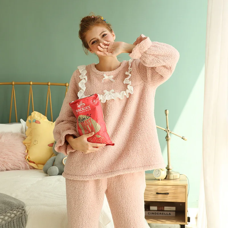 SP&ampCITY милые розовые кружевные женские теплые пижамы толстая Пижама зимняя
