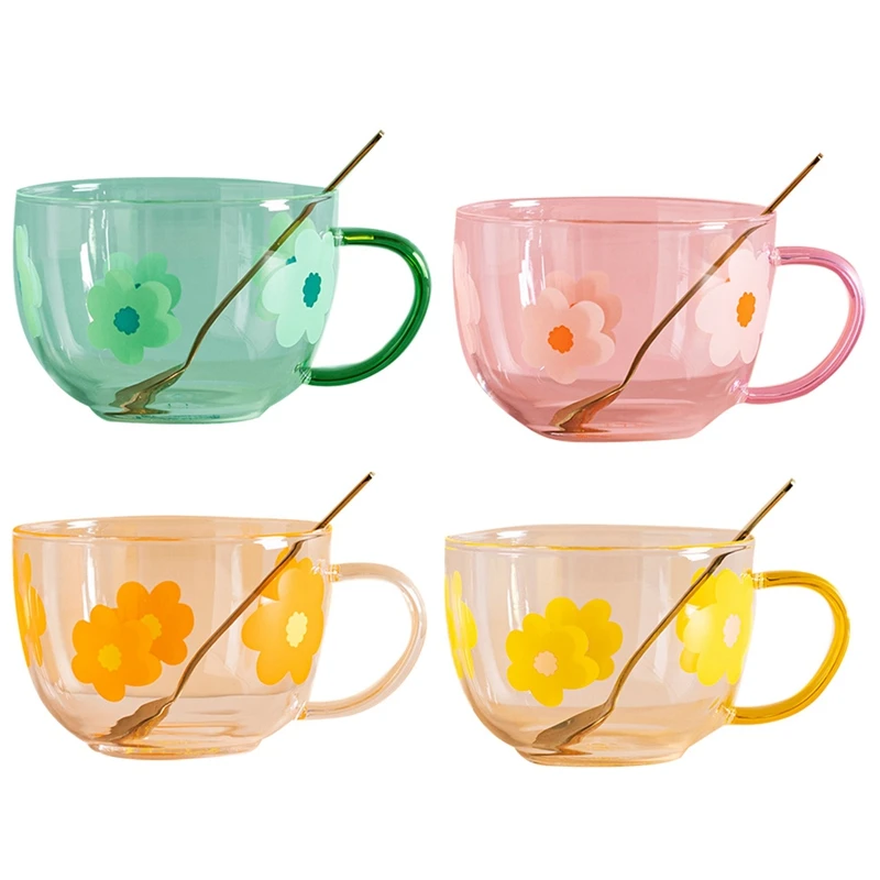 

500ML Glass Milk Mug With Flower Pattern,Breakfast Oats Mug With Spoon,Handgrip Cup For Home Kitchen