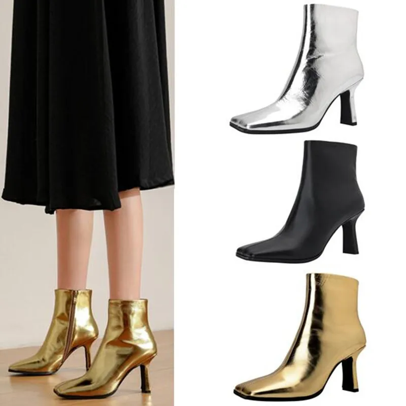 

Women Fashion Ankle Leather Boots Selling Golden Silver Bling High Chunky Heels Boots Leather Square Toe Zipper Short Boots