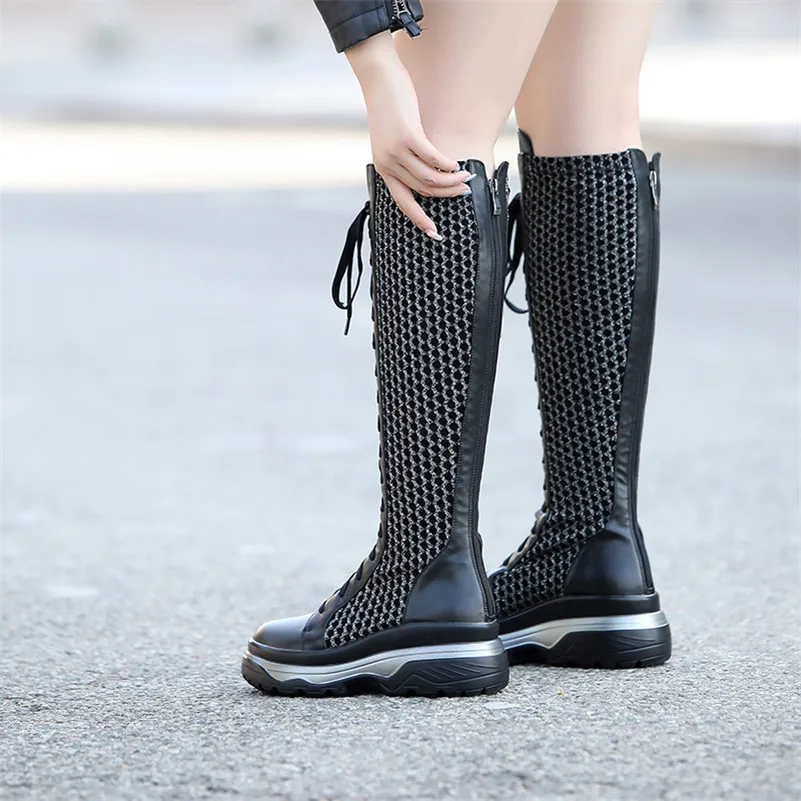 

Meotina Winter Knee High Boots Women Natural Genuine Leather Flat Platform Long Boots Zipper Round Toe Shoes Female Fall Size 39