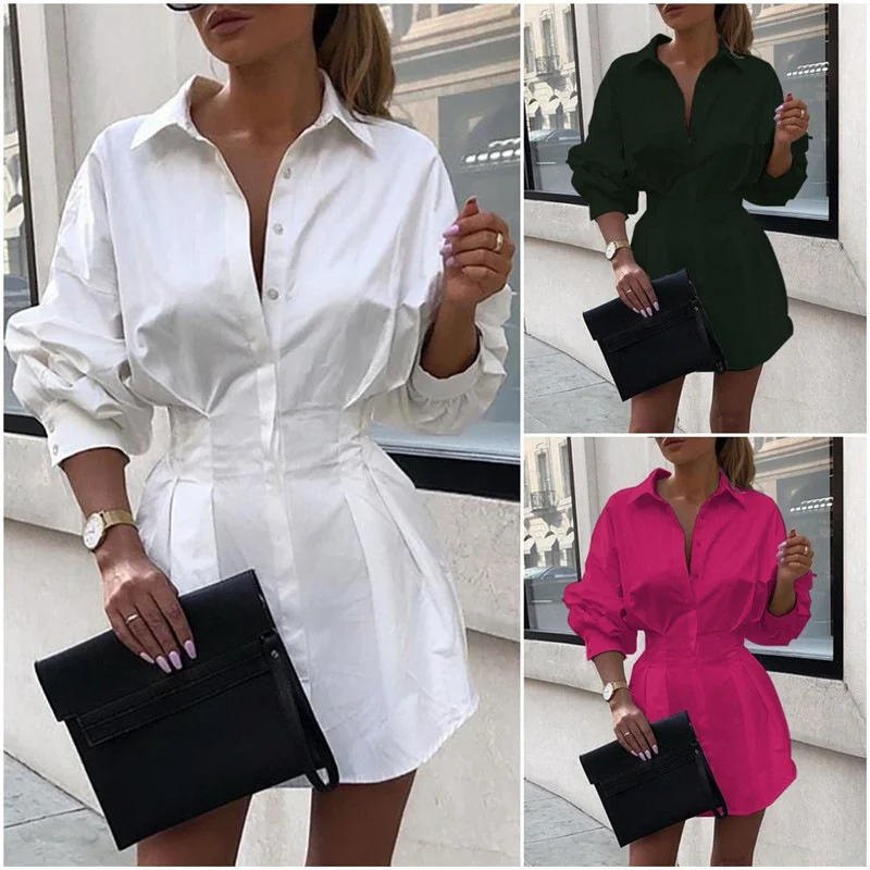 

2021 New Women's Autumn and Winter Solid Color Shirt Collar Waist Sexy Dress