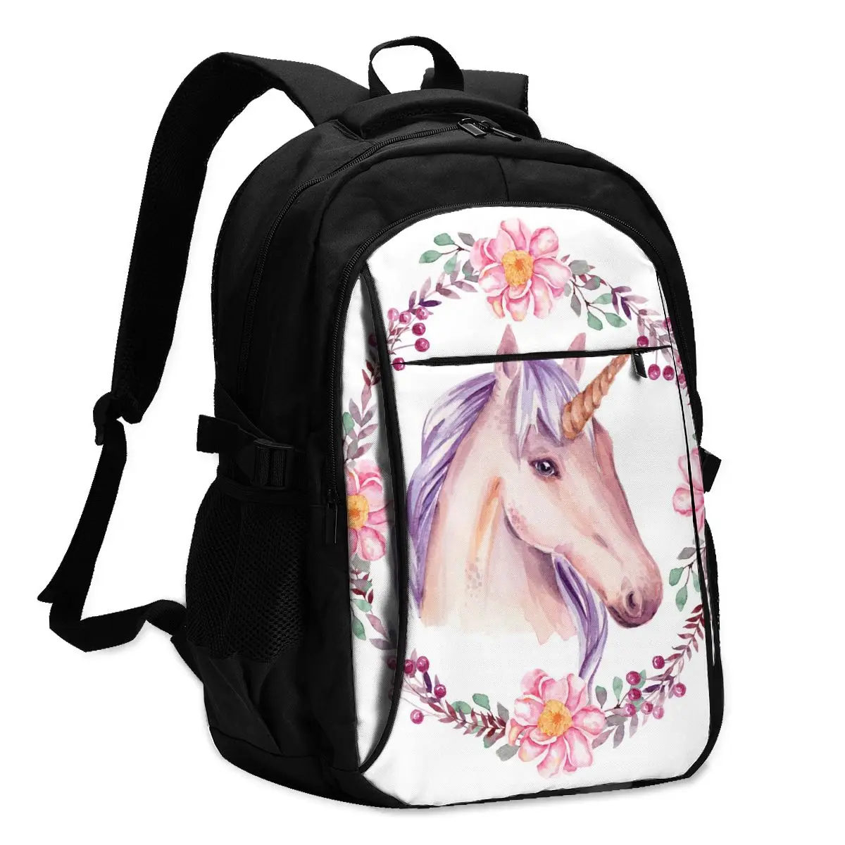 

2021 Прохладный печати ноутбук рюкзак акварель единорог с цветочным зарядка через USB путешествия рюкзак Для женщин Мужской школьная сумка ...