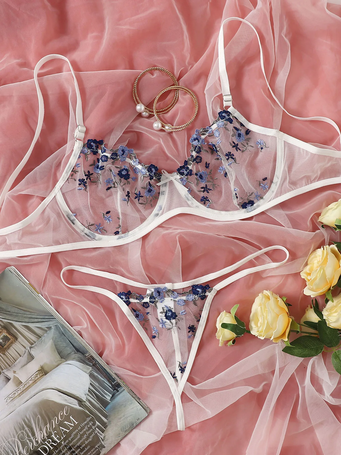 

Women's sexy lace embroidered sexy underwear underwire gather bra and panty set thin mesh see-through thong erotic lingerie set