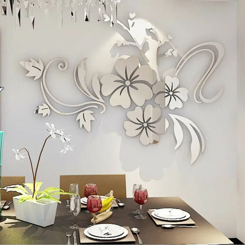 

3D Acrylic Mirror Wall Decor Stickers Removable Wall Sticker Decal DIY Flower Mural Decor for Bedroom and Living Room