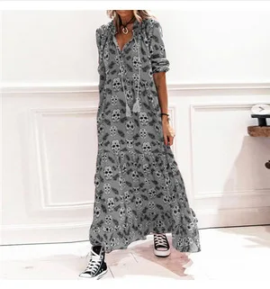 

2021 European and American Halloween skull print long-sleeved big dress dress women