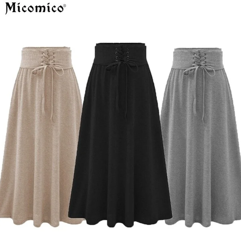 

ZOGAA Fashion women's cotton high waist bandage pleated long skirt