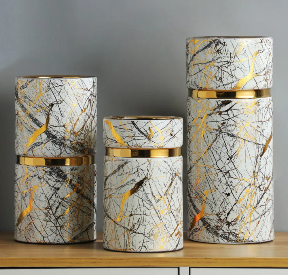 

Marble Texture Ceramic Vase Gold-plated Storage Jar Flower Pot Flowers Arrangement Ornaments Desk Decoration Vases Home Decor