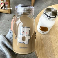 450ml water bottle thick leakproof drinking bottles cute cartoon bear milk coffee tumblers for student girl gift glass cup