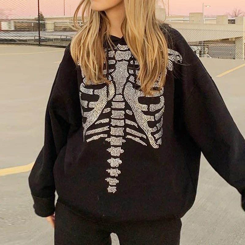 

Women Casual Long Sleeve Hoodies Fashion Skeleton Hot Drilling Loose Pullover Sweatshirt