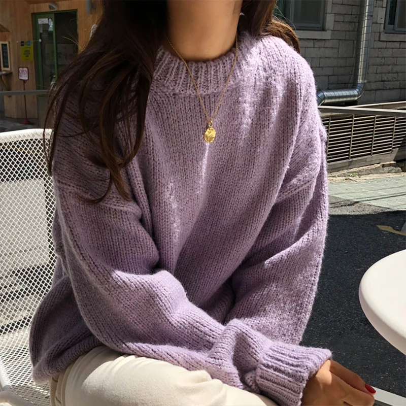 

Women Sweater Pullover Winter O-neck Loose Warm Knitwear Office Ladies Tops Solid Knitting Female Icecream Color T07810T