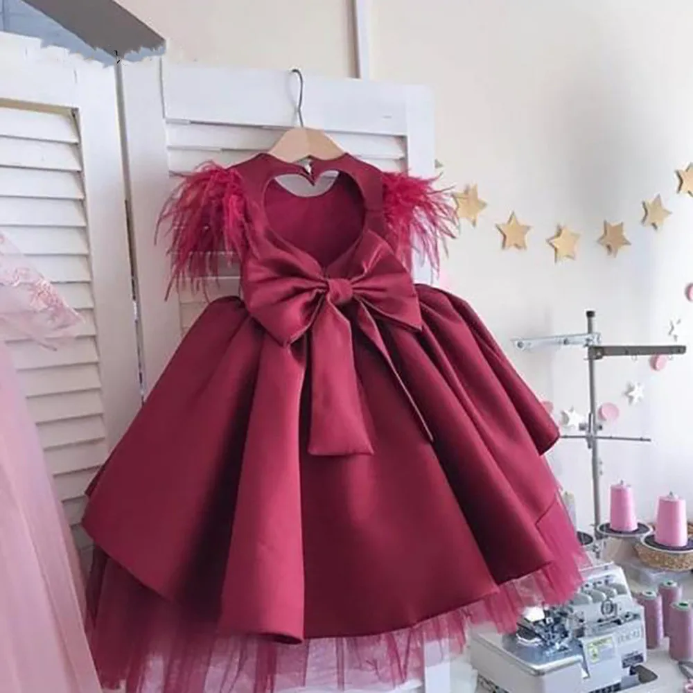 Enlarge Burgundy Satin Baby Girl Dresses Feathers Cap Sleeve Keyhole Back Girls Prom Party Dresses First Birthday Dress