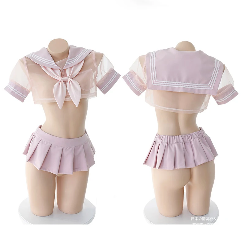 

Sexy Cosplay Costume Student Sailor with Black and Pink color uniform Kwaii transparent Lolita Top Skirt Panty Erotic Roleplay