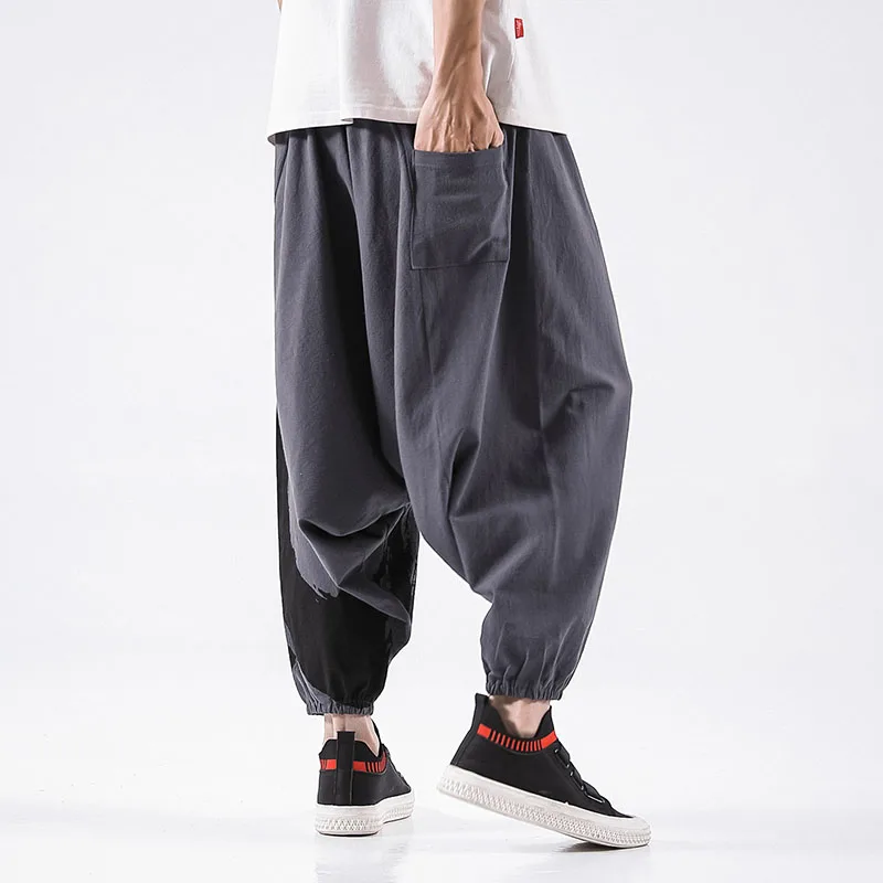 

Chinese Style Men Long Harem Pants Cotton Linen Print Loose Drawstring Cross-pants Vintage Wide Leg Streetwear Plus Size 3 Color