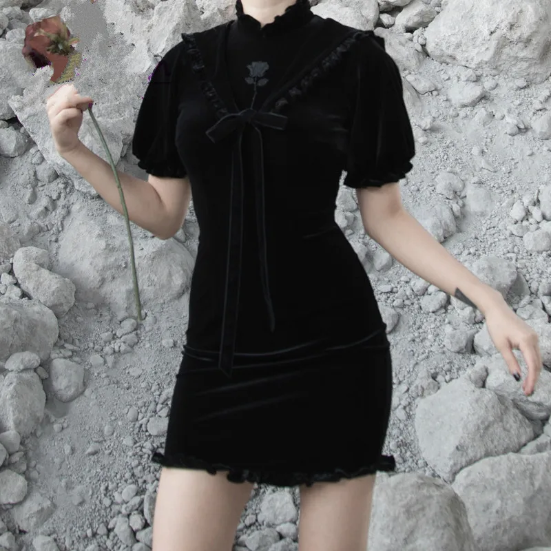 Женское бархатное платье-Ципао с рукавами-фонариками и вышивкой розы | Женская