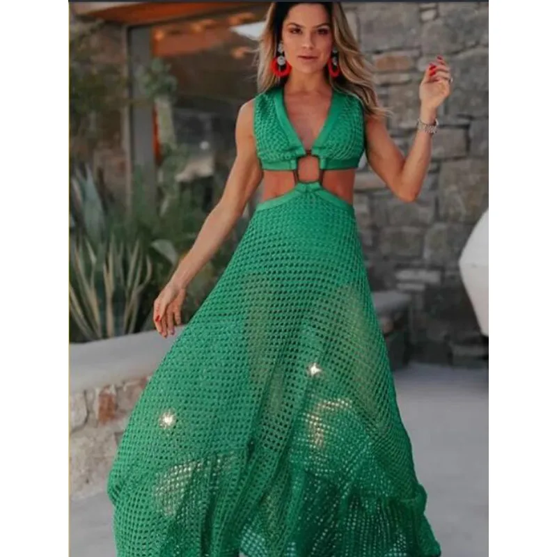 

2020 Womens Bohemian Style Sleeveless Halter See-through Long Sundress Beach Sun Dress Summer Cover Up