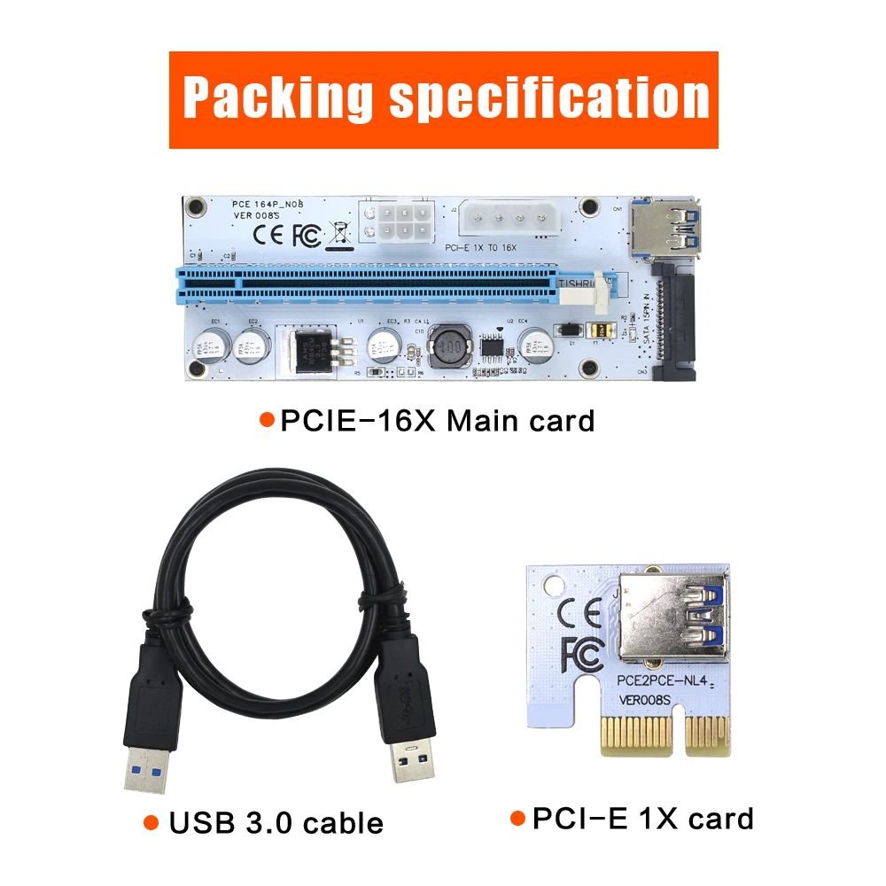 10 шт. Райзер-карта PCI-E TISHRIC 008s VER008S 3 в 1 Molex 4Pin SATA 6PIN PCIE PCI Express 1X 16X USB3.0 удлинитель для