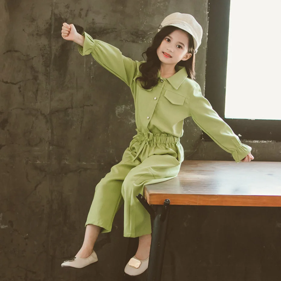 Одежда для девочек; Однотонные блузки и брюки; Одежда для девочек-подростков; топы с рюшами на рукавах; костюм для девочек; вечерние Модные осенние комплекты одежды - Цвет: As Picture